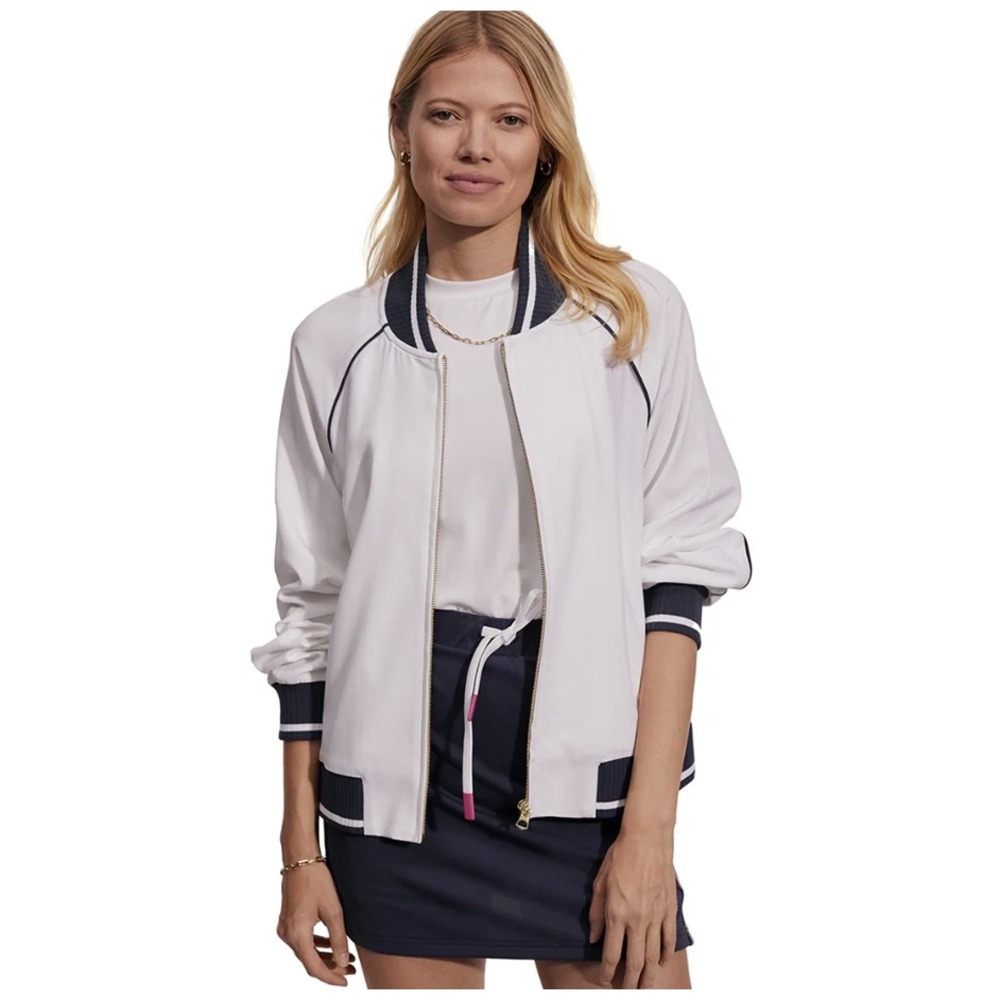 VARLEY Womens White Navy Trim Bomber Jacket Zip Front‎ Athletic Style Size Small